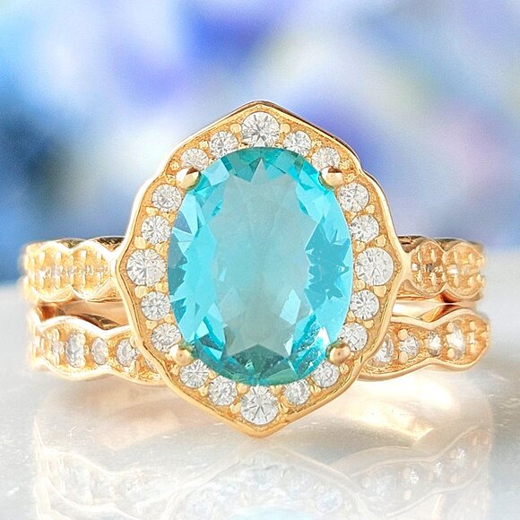 Gold and Aquamarine ring set, 925 Sterling Silver - Picture 1 of 3
